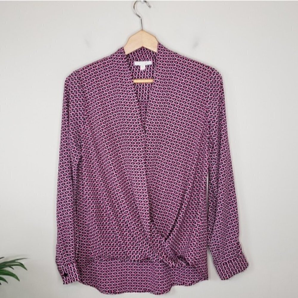 Pleione | Magenta Black Print Wrap Front Blouse Size Small